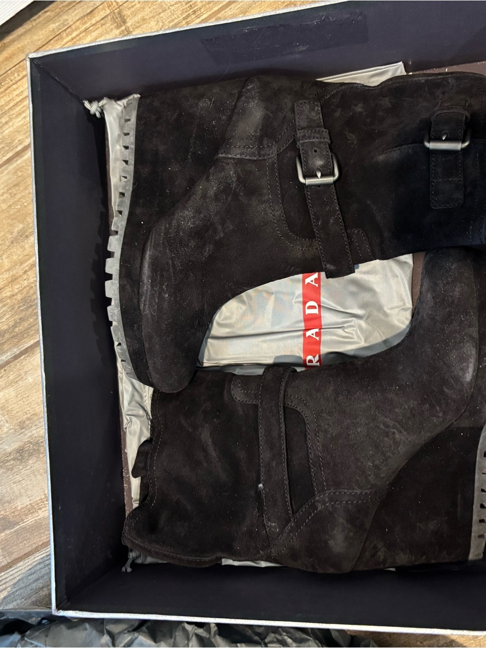 Prada Black Suede Ankle Boots with Buckle Detail